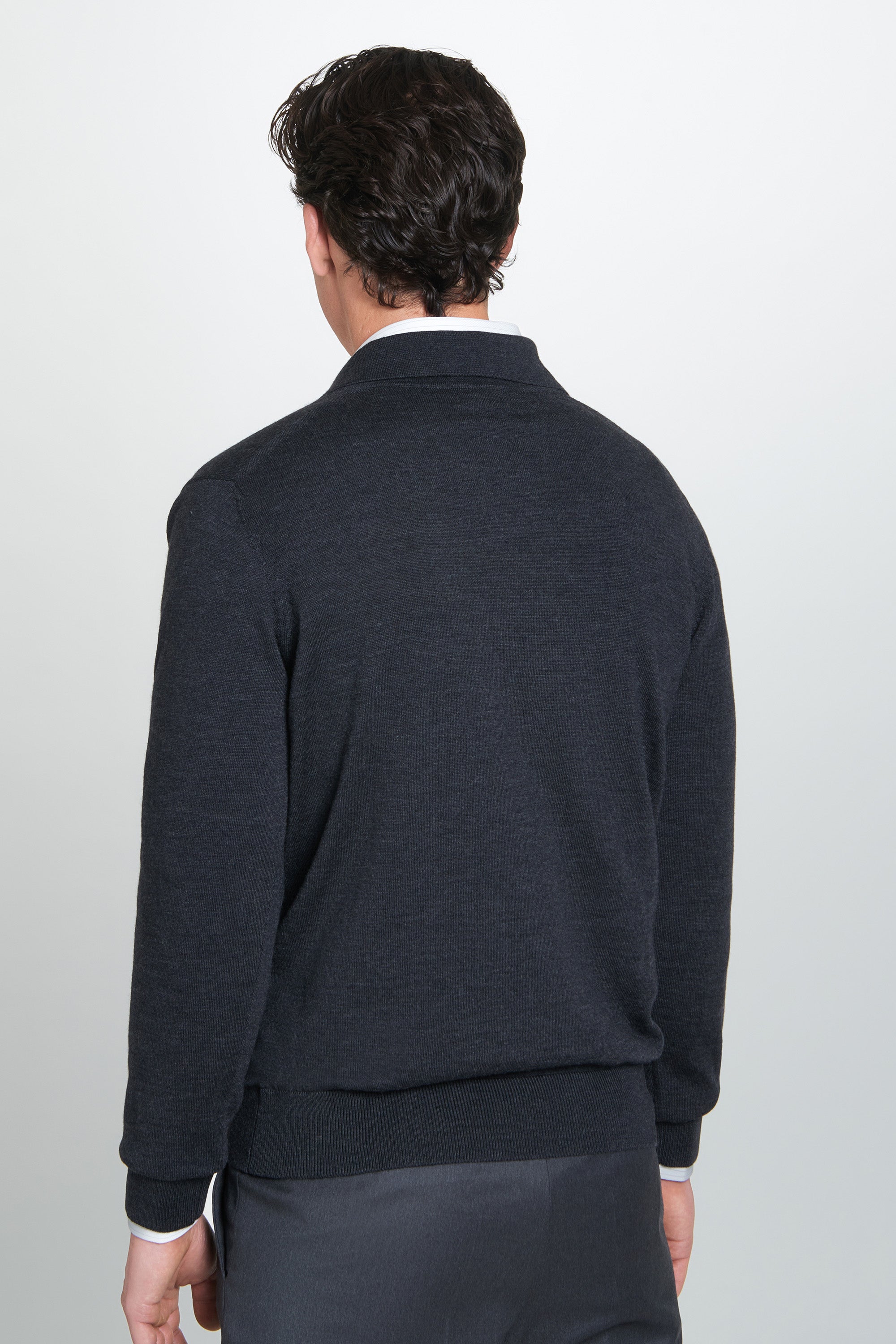 Grey Merino Wool Long Sleeve Polo Shirt