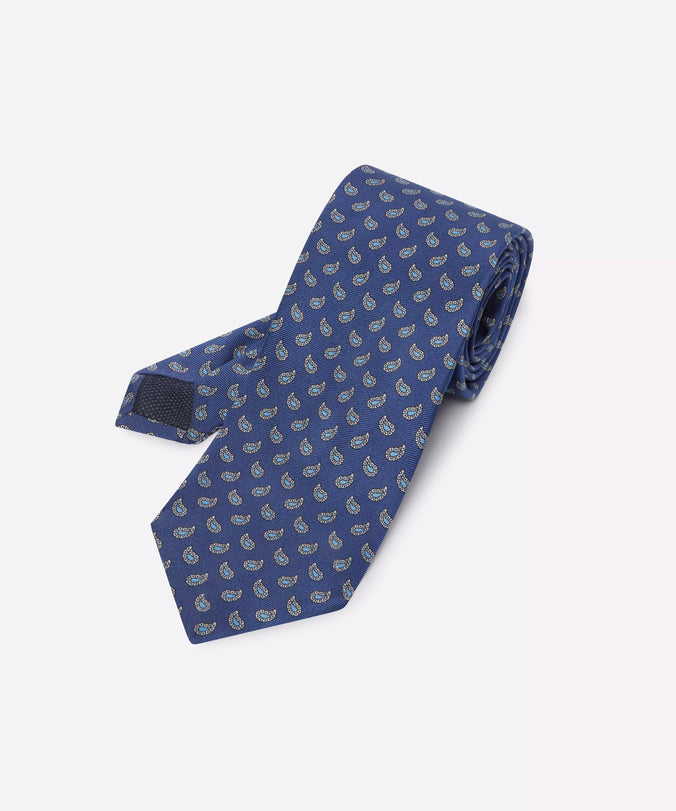 Navy & Blue Small Paisley Motif Silk Printed Tie