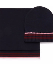 Navy Blue Knitted Merino Wool Hat & Scarf Set