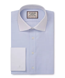 Pale Blue & White Tailored Fit Double Cuff Tonal Jaquard Square Formal Shirt