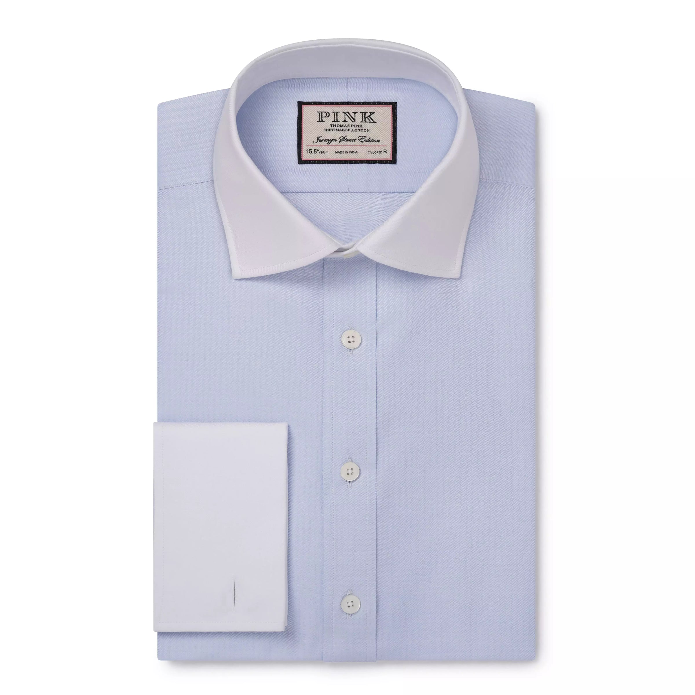 Pale Blue & White Tailored Fit Double Cuff Tonal Jaquard Square Formal Shirt